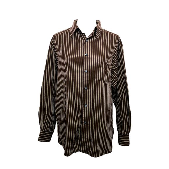 Haggar Men’s Shirt Brown Striped Button-Down Long Sleeve No Iron Size Large - Picture 1 of 6